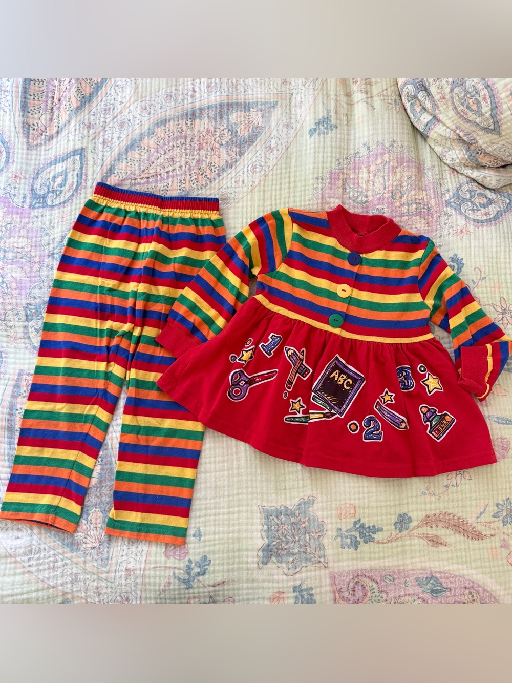 Vintage 90s Buster Brown Rainbow Stripe ABC Dress & Pants Set 4T Girls Colorful